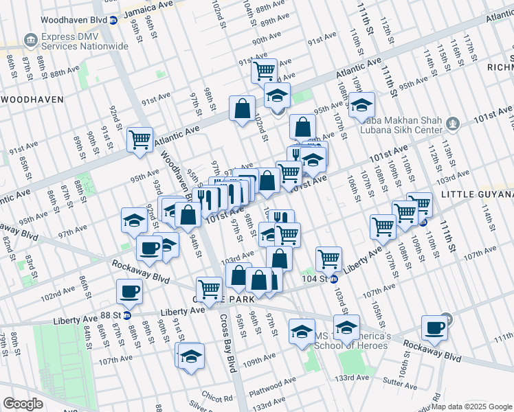 map of restaurants, bars, coffee shops, grocery stores, and more near 101-4 99th Street in Queens