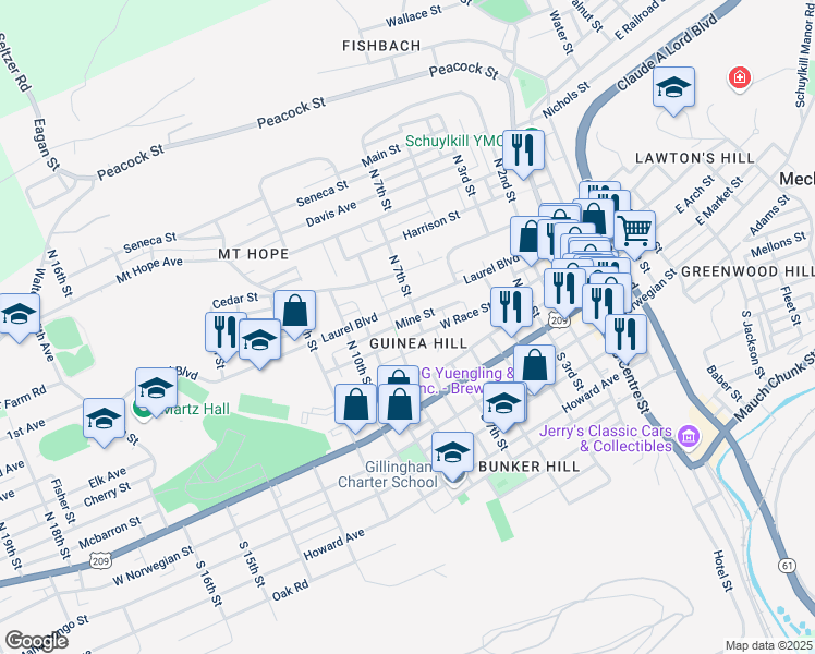 map of restaurants, bars, coffee shops, grocery stores, and more near 711 Mine Street in Pottsville