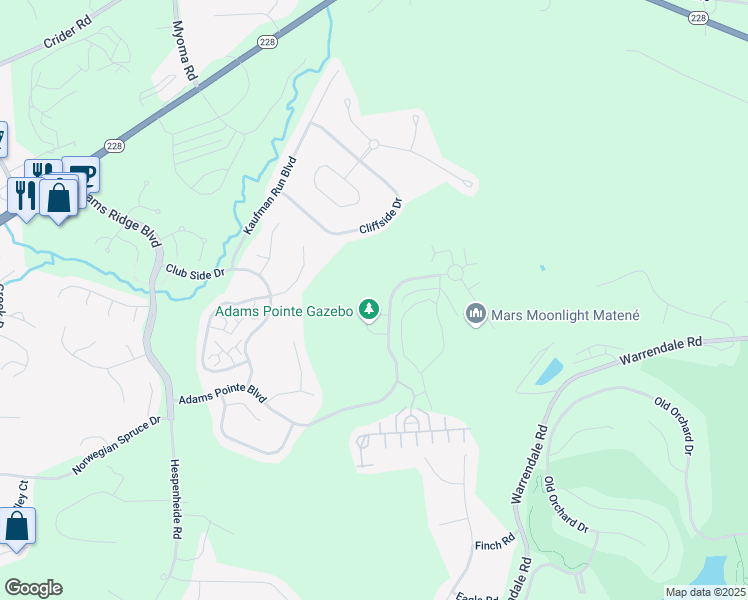 map of restaurants, bars, coffee shops, grocery stores, and more near 212 Adams Pointe Boulevard in Mars