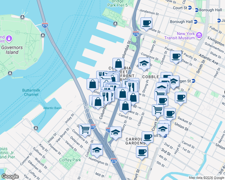 map of restaurants, bars, coffee shops, grocery stores, and more near 205 Columbia Street in Brooklyn