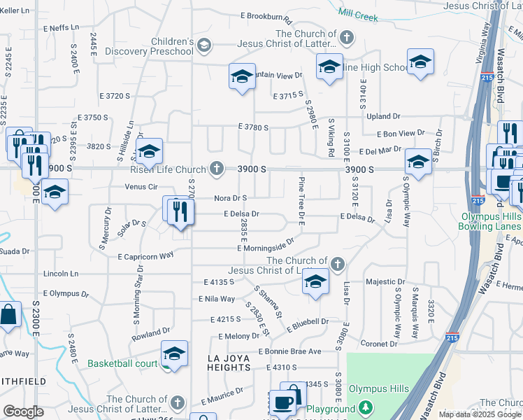 map of restaurants, bars, coffee shops, grocery stores, and more near 2877 East Delsa Drive in Salt Lake City