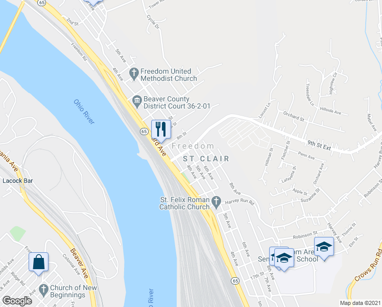 map of restaurants, bars, coffee shops, grocery stores, and more near 931 5th Avenue in Freedom