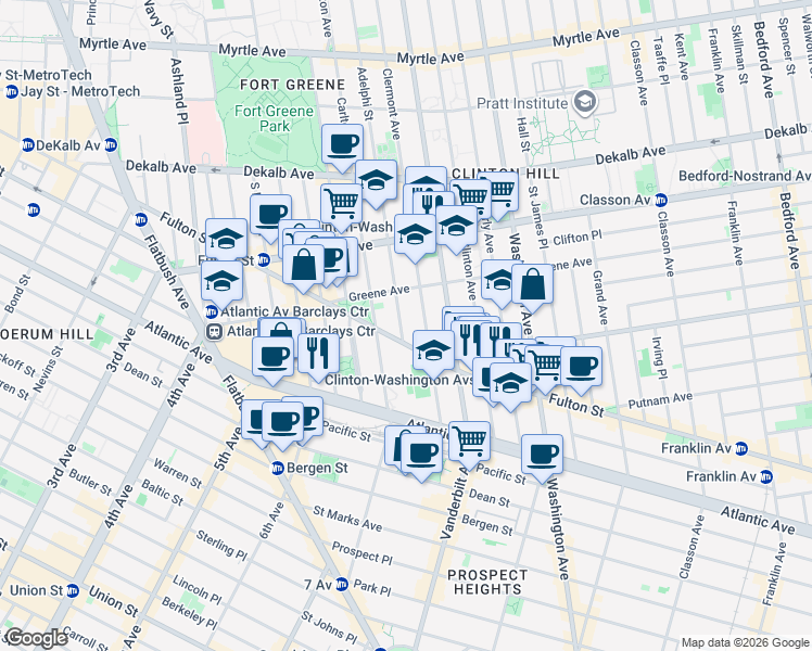 map of restaurants, bars, coffee shops, grocery stores, and more near 407 Adelphi Street in Brooklyn