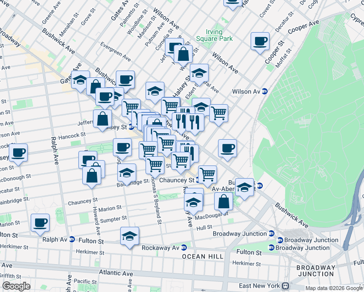 map of restaurants, bars, coffee shops, grocery stores, and more near 1671 Broadway in Brooklyn
