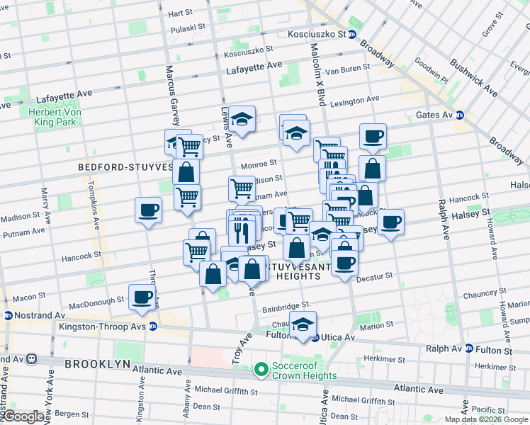 map of restaurants, bars, coffee shops, grocery stores, and more near 545 Hancock Street in Brooklyn