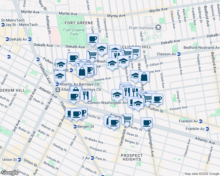 map of restaurants, bars, coffee shops, grocery stores, and more near 407 Adelphi Street in Brooklyn