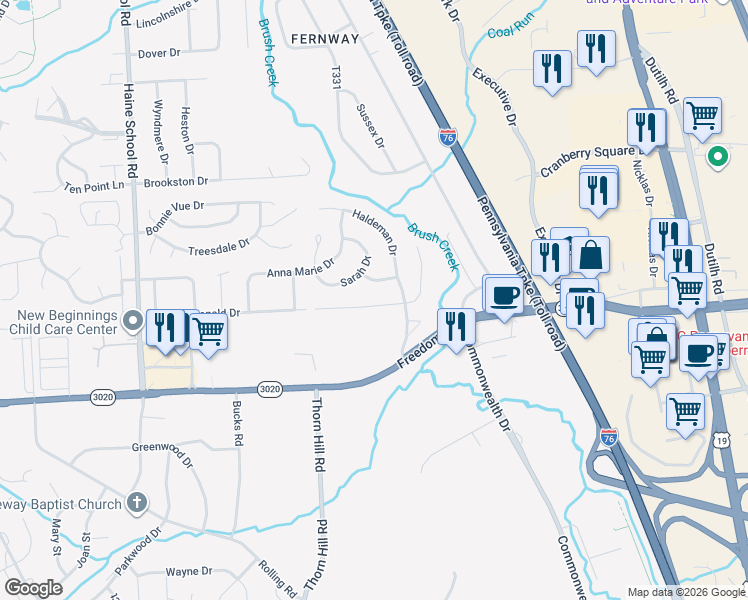 map of restaurants, bars, coffee shops, grocery stores, and more near 107 Clearbrook Drive in Cranberry Township