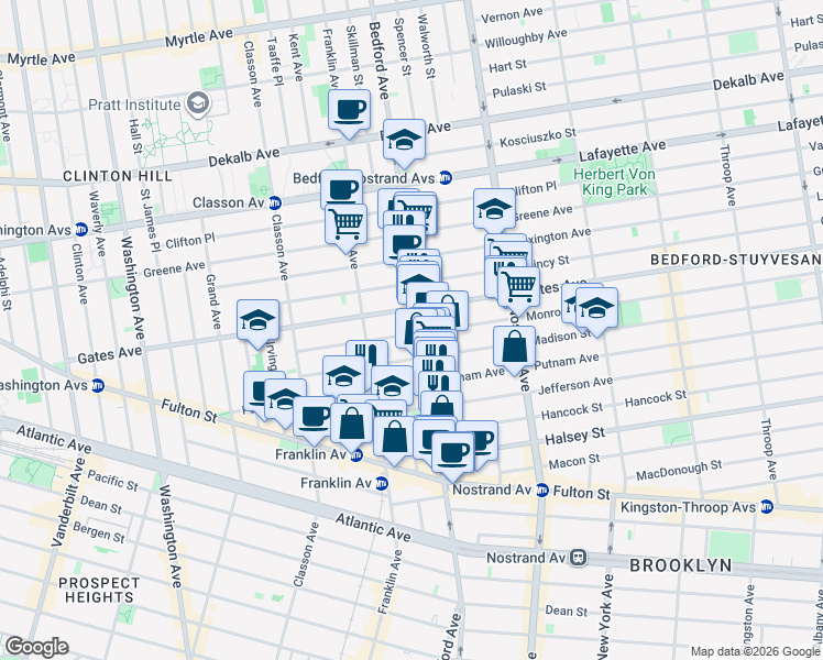 map of restaurants, bars, coffee shops, grocery stores, and more near 111 Monroe Street in Brooklyn