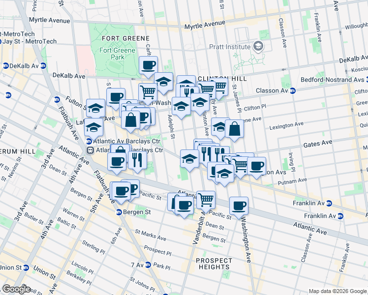map of restaurants, bars, coffee shops, grocery stores, and more near 438 Clermont Avenue in Brooklyn