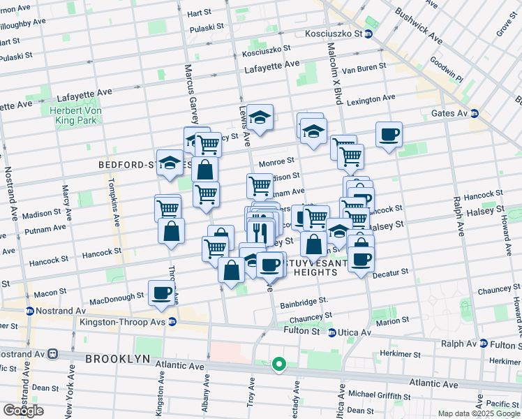 map of restaurants, bars, coffee shops, grocery stores, and more near 327 Lewis Avenue in Brooklyn