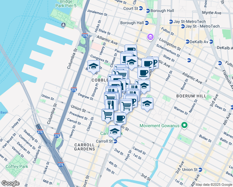 map of restaurants, bars, coffee shops, grocery stores, and more near 26 Court Street in Brooklyn