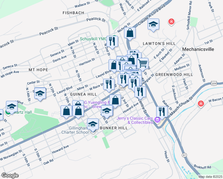 map of restaurants, bars, coffee shops, grocery stores, and more near 319 West Arch Street in Pottsville
