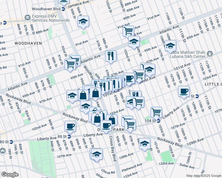 map of restaurants, bars, coffee shops, grocery stores, and more near 95-20A 101st Avenue in Queens