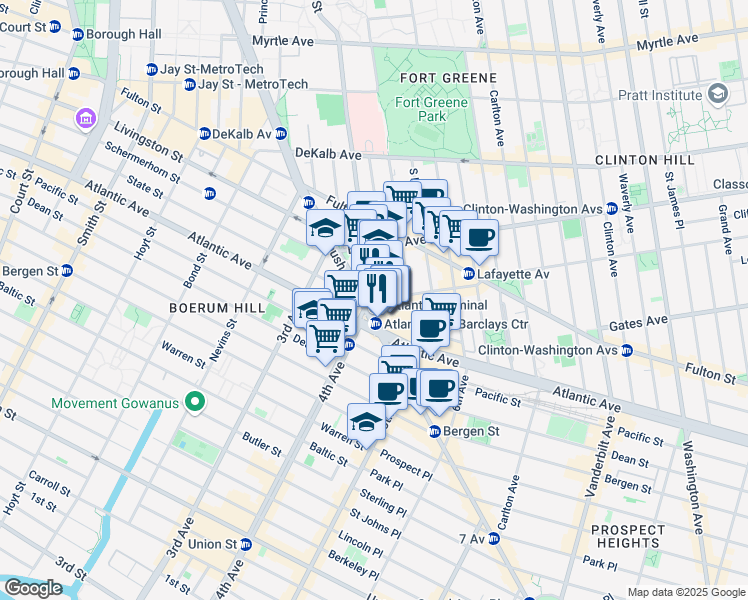 map of restaurants, bars, coffee shops, grocery stores, and more near 451 Atlantic Avenue in Brooklyn