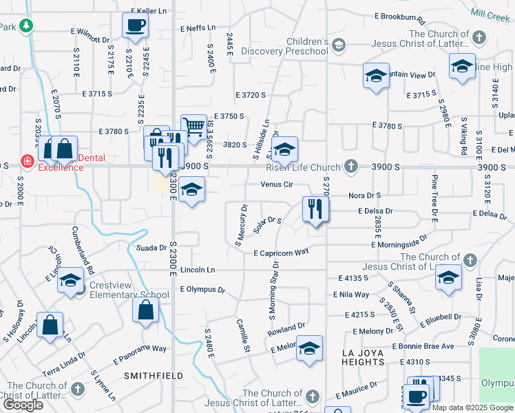 map of restaurants, bars, coffee shops, grocery stores, and more near 3982 South Saturn Avenue in Holladay