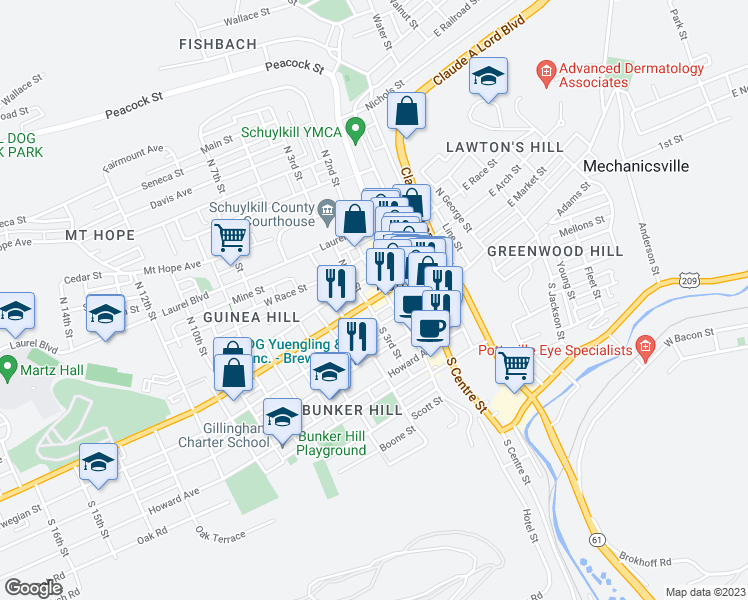 map of restaurants, bars, coffee shops, grocery stores, and more near 213 West Market Street in Pottsville
