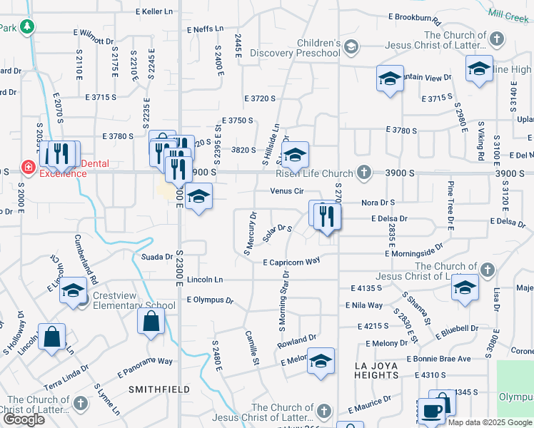 map of restaurants, bars, coffee shops, grocery stores, and more near 3982 South Saturn Avenue in Holladay