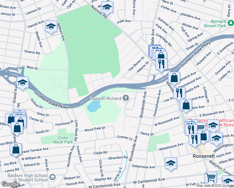 map of restaurants, bars, coffee shops, grocery stores, and more near 27 Wilbur Lane in Roosevelt