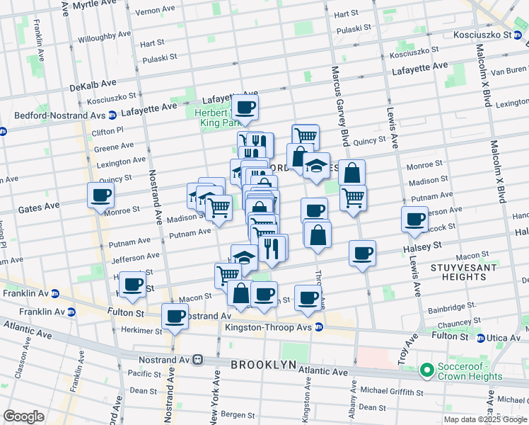 map of restaurants, bars, coffee shops, grocery stores, and more near 430 Putnam Avenue in Brooklyn