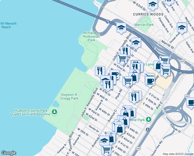 map of restaurants, bars, coffee shops, grocery stores, and more near 165 West 48th Street in Bayonne
