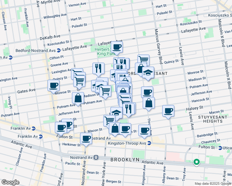 map of restaurants, bars, coffee shops, grocery stores, and more near 392 Putnam Avenue in Brooklyn