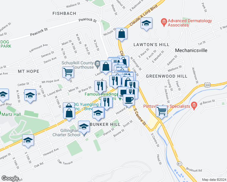 map of restaurants, bars, coffee shops, grocery stores, and more near 207 West Market Street in Pottsville