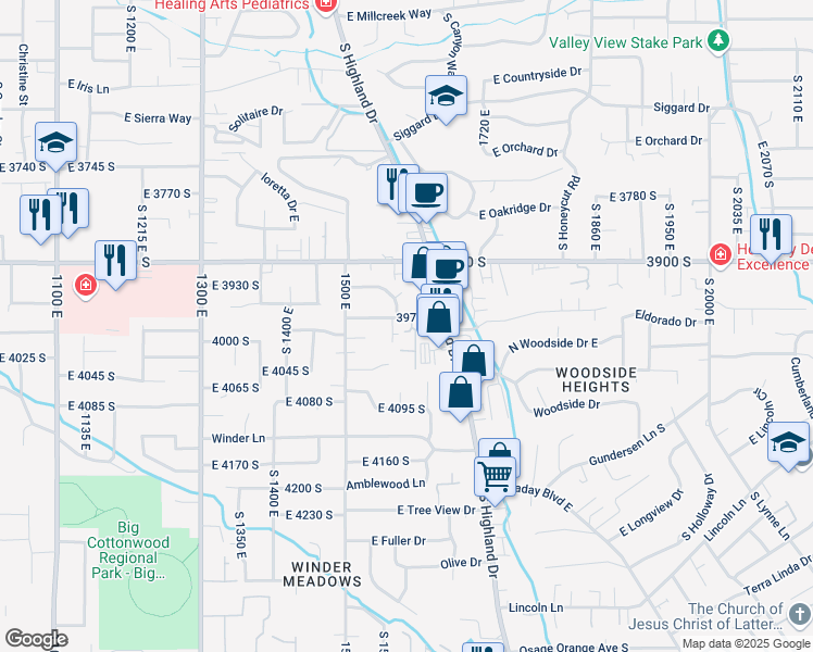 map of restaurants, bars, coffee shops, grocery stores, and more near 4008 Vernon Circle in Millcreek