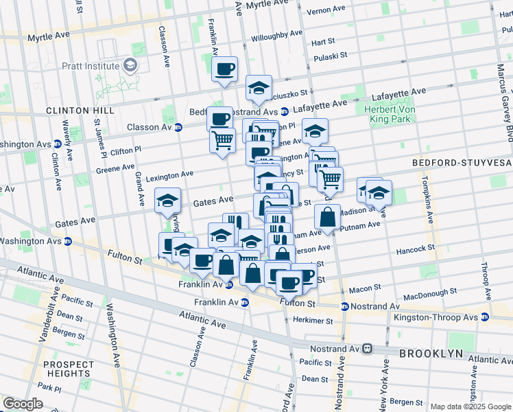map of restaurants, bars, coffee shops, grocery stores, and more near 1160 Bedford Avenue in Brooklyn