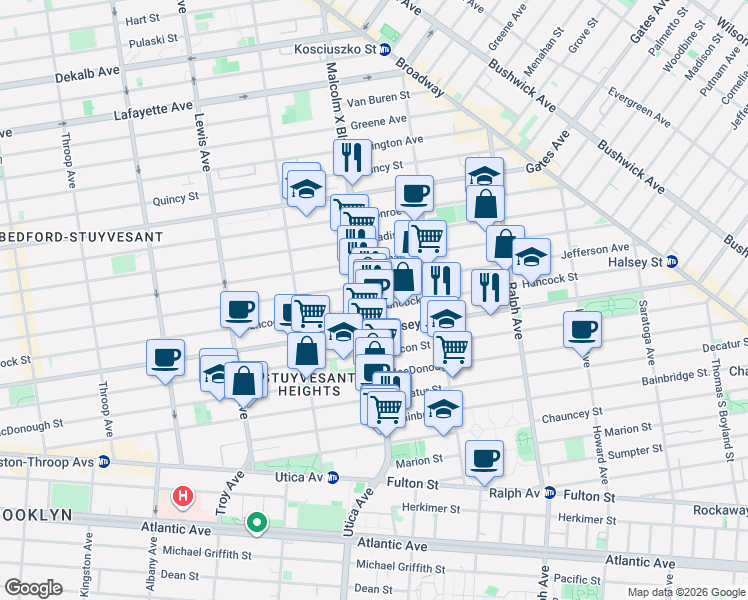 map of restaurants, bars, coffee shops, grocery stores, and more near 227A Malcolm X Boulevard in Brooklyn