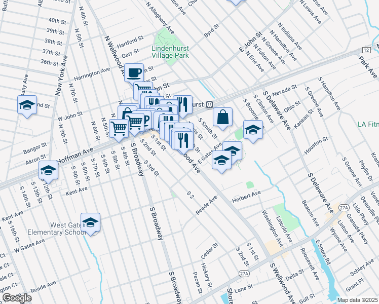 map of restaurants, bars, coffee shops, grocery stores, and more near 277 South Wellwood Avenue in Lindenhurst