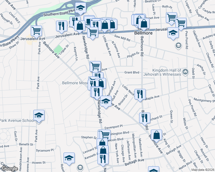 map of restaurants, bars, coffee shops, grocery stores, and more near 1455 Coolidge Street in North Bellmore