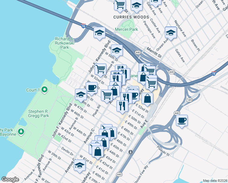 map of restaurants, bars, coffee shops, grocery stores, and more near in Bayonne