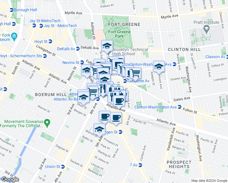 map of restaurants, bars, coffee shops, grocery stores, and more near 625 Atlantic Avenue in Brooklyn