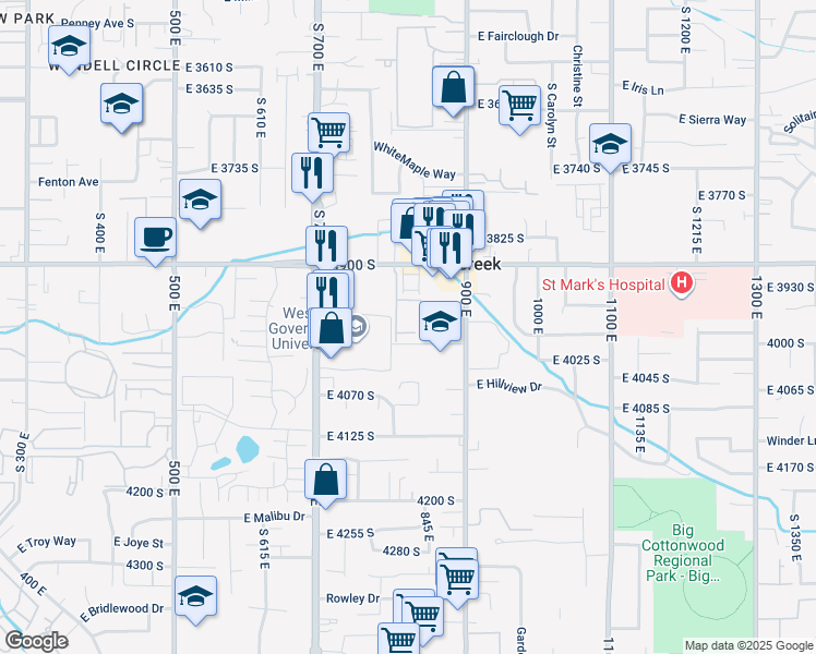 map of restaurants, bars, coffee shops, grocery stores, and more near 825 East 3990 South in Millcreek