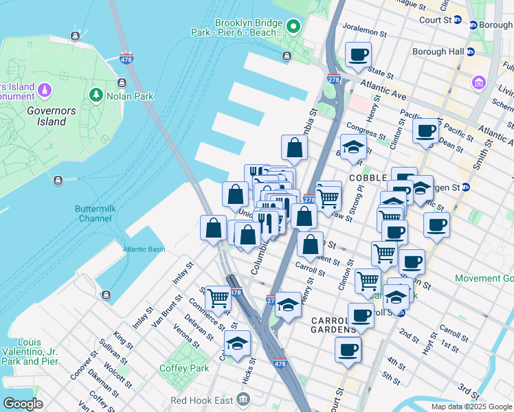 map of restaurants, bars, coffee shops, grocery stores, and more near 86 Union Street in Brooklyn