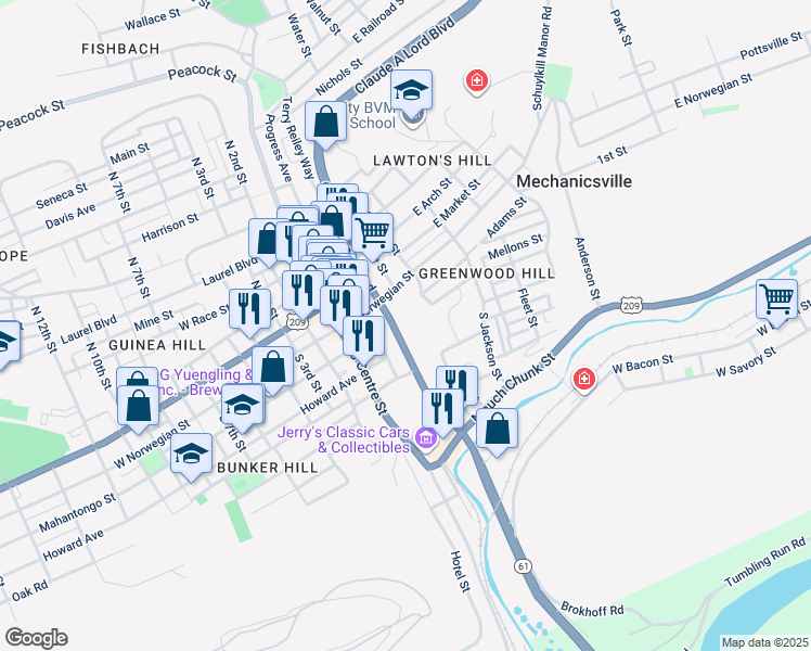 map of restaurants, bars, coffee shops, grocery stores, and more near 124 South Claude A Lord Boulevard in Pottsville