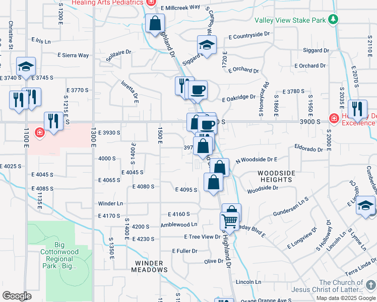 map of restaurants, bars, coffee shops, grocery stores, and more near 4008 Vernon Circle in Millcreek