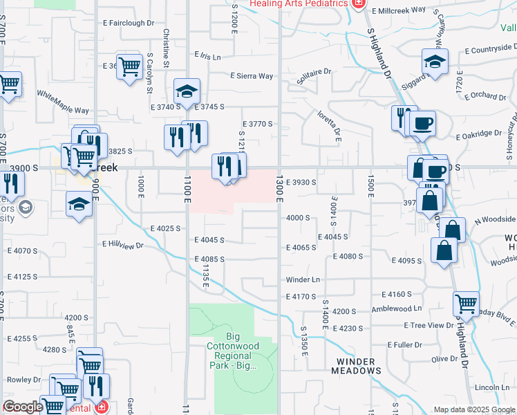 map of restaurants, bars, coffee shops, grocery stores, and more near 1271 East 4025 South in Salt Lake City