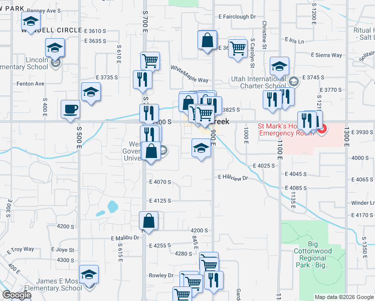 map of restaurants, bars, coffee shops, grocery stores, and more near 825 East 3990 South in Murray