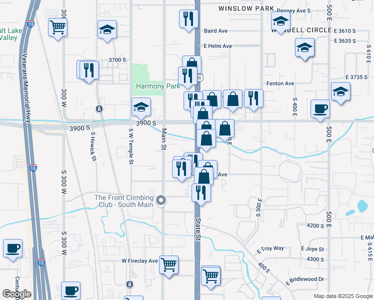 map of restaurants, bars, coffee shops, grocery stores, and more near 4012 State Street in Murray
