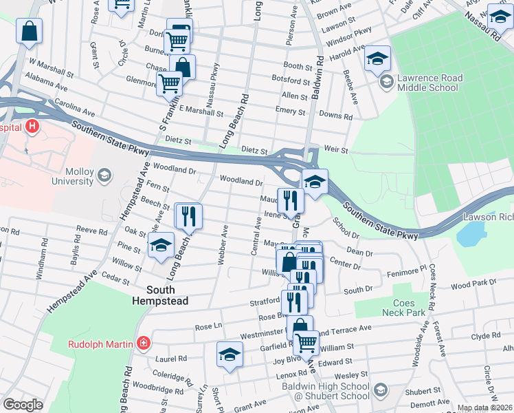 map of restaurants, bars, coffee shops, grocery stores, and more near 1085 Central Avenue in South Hempstead