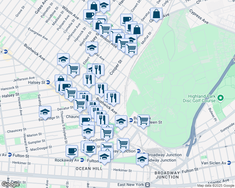 map of restaurants, bars, coffee shops, grocery stores, and more near 94 Pilling Street in Brooklyn