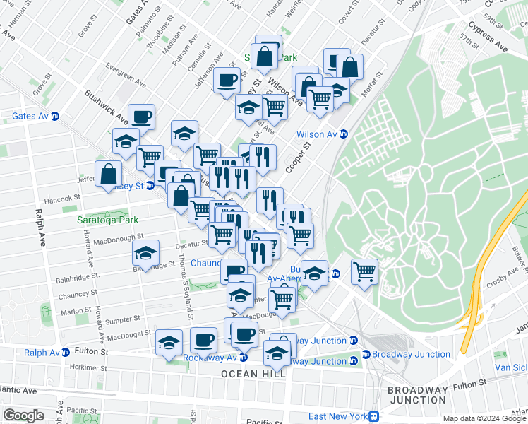 map of restaurants, bars, coffee shops, grocery stores, and more near 1408 Bushwick Avenue in Brooklyn