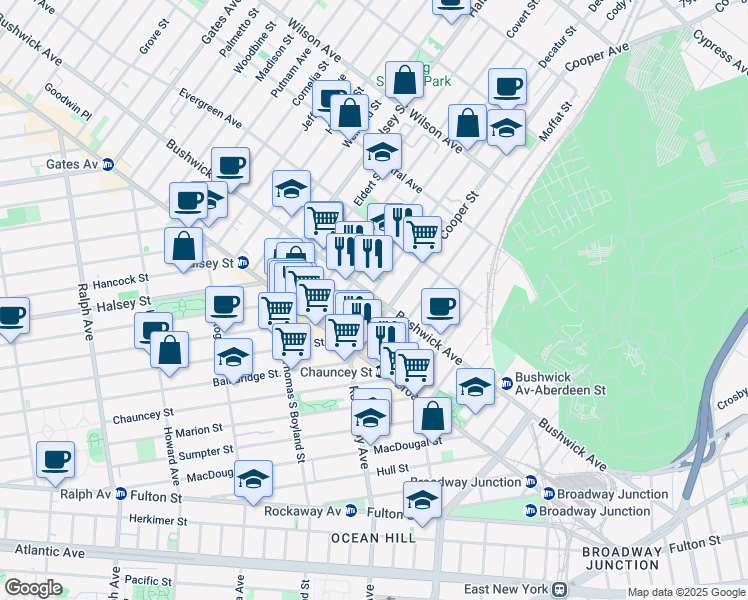 map of restaurants, bars, coffee shops, grocery stores, and more near 35 Cooper Street in Brooklyn