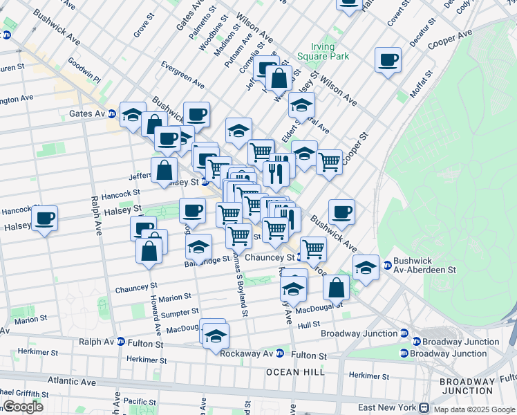 map of restaurants, bars, coffee shops, grocery stores, and more near 1671 Broadway in Brooklyn