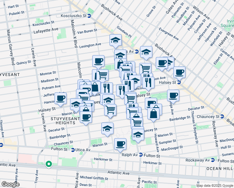 map of restaurants, bars, coffee shops, grocery stores, and more near 734 Halsey Street in Brooklyn