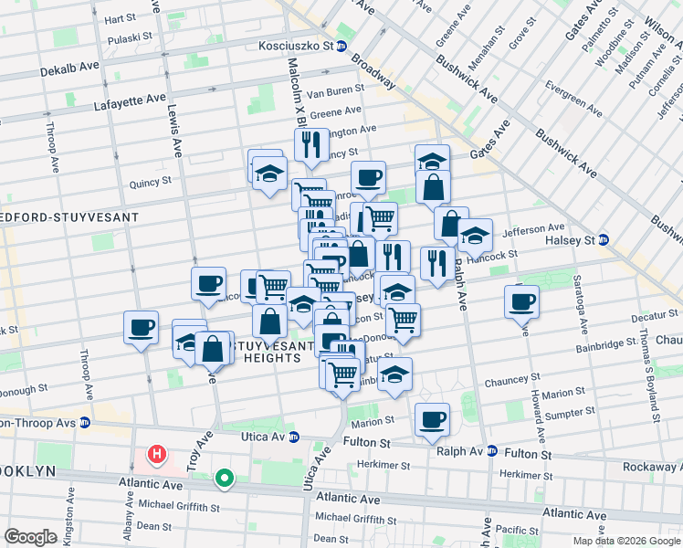 map of restaurants, bars, coffee shops, grocery stores, and more near 589 Halsey Street in Brooklyn
