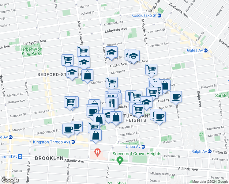 map of restaurants, bars, coffee shops, grocery stores, and more near 327 Lewis Avenue in Brooklyn