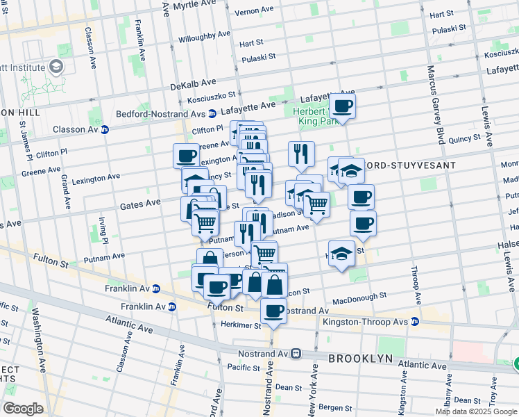 map of restaurants, bars, coffee shops, grocery stores, and more near 224 Madison Street in Brooklyn