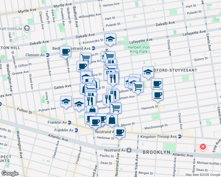 map of restaurants, bars, coffee shops, grocery stores, and more near 192 Madison Street in Brooklyn